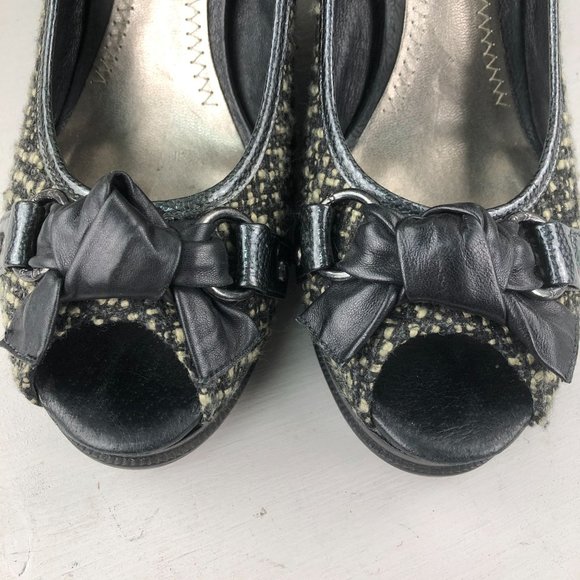 Sperry Women's Size 9.5M Top Sider Black Cream Tweed Peep Toe High Heel Wedges - Picture 4 of 13